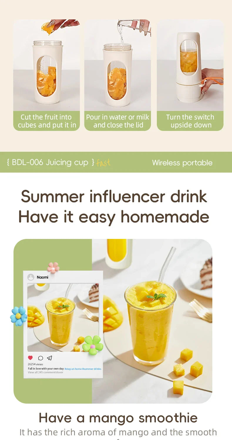 500ML Portable Electric Blender 40W USB Rechargeable Cordless Juicer High Powerful Juicer Cup For Smoothie Milkshake
