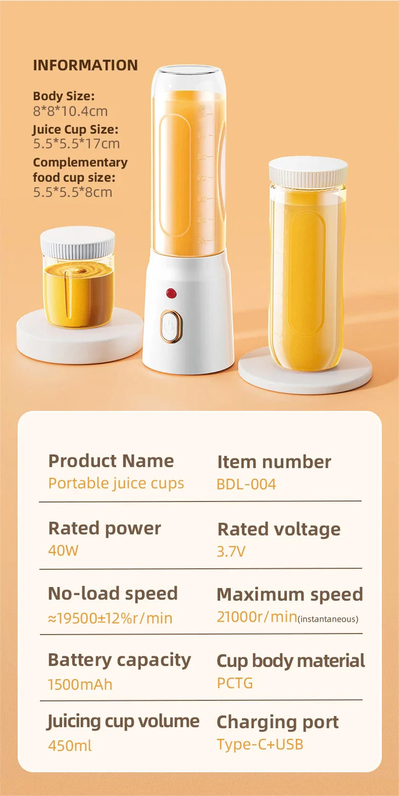 500ML Portable Electric Blender 40W USB Rechargeable Cordless Juicer High Powerful Juicer Cup For Smoothie Milkshake