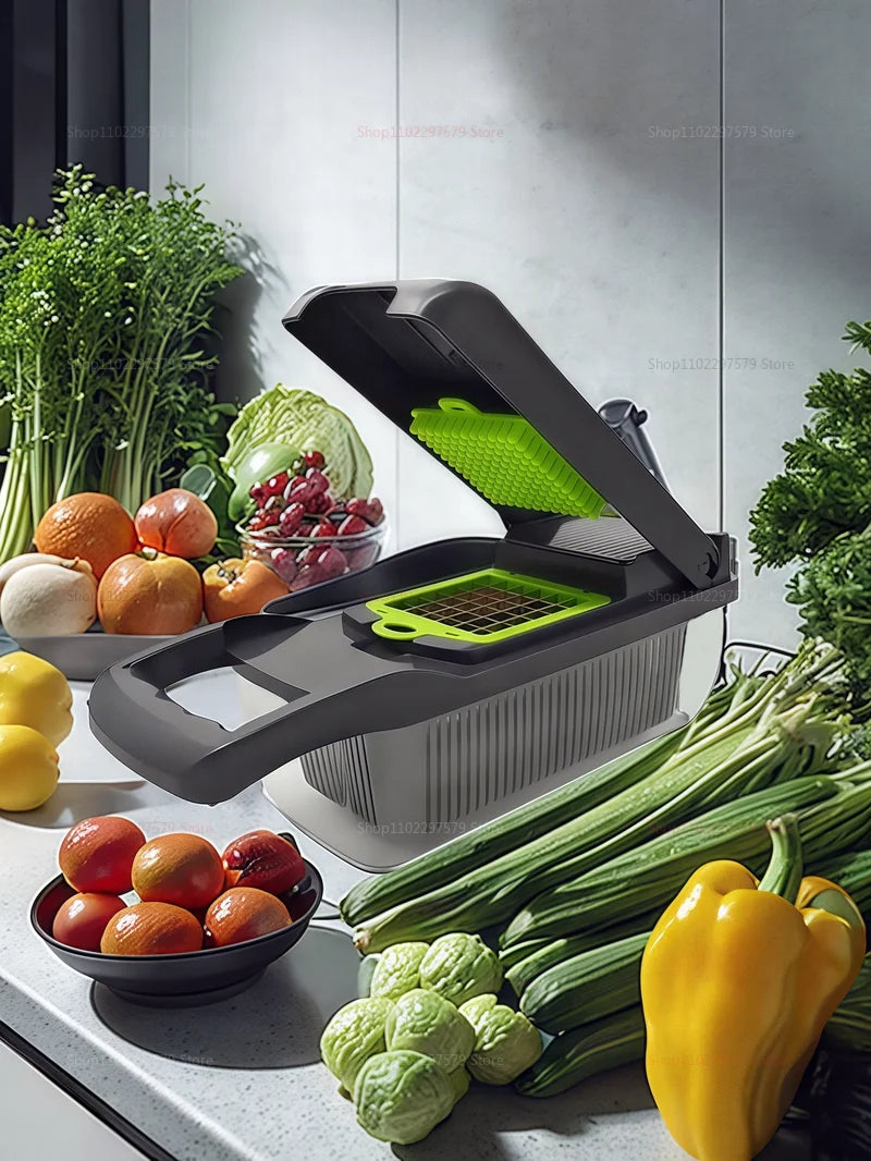Household Vegetable Slicer and Food Chopper Kitchen Tool with Tomato Carrot Onion Grater Shredder for Meal Prep and Cooking