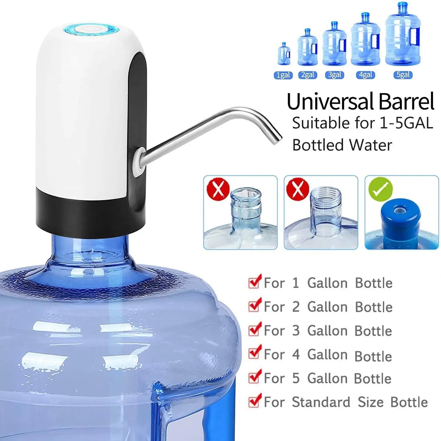 HydraFlow Automatic Water Bottle Pump - USB Rechargeable, One-Click Dispensing, White/Black