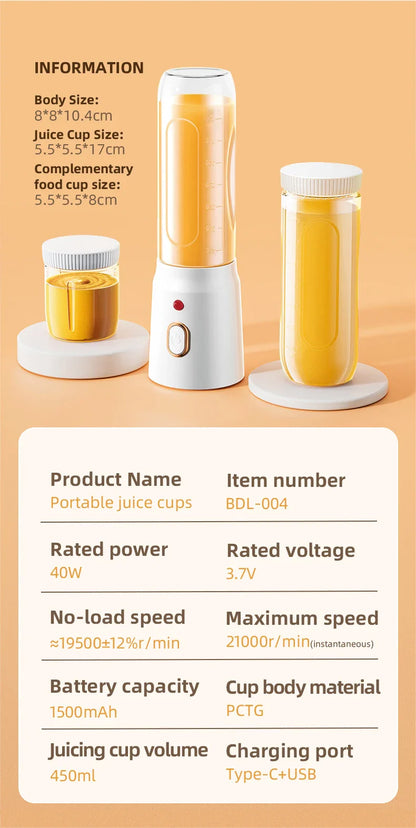 500ML Portable Electric Blender 40W USB Rechargeable Cordless Juicer High Powerful Juicer Cup For Smoothie Milkshake