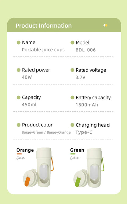 500ML Portable Electric Blender 40W USB Rechargeable Cordless Juicer High Powerful Juicer Cup For Smoothie Milkshake